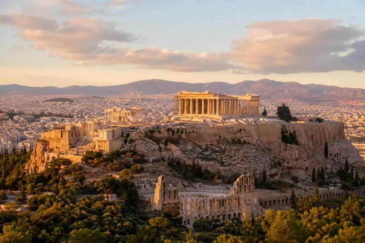 The Acropolis in Athens at golden hour with the city and mountains beyond