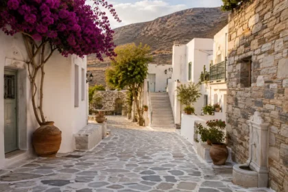 Whitewashed lane in Lefkes village on Paros with bougainvillea and traditional stone houses