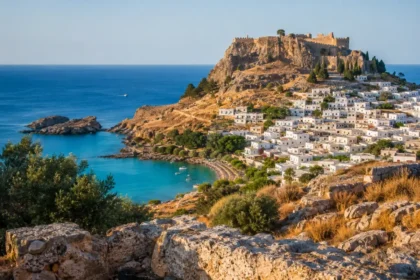 Lindos in Rhodes with whitewashed houses, turquoise bay, and the Acropolis above
