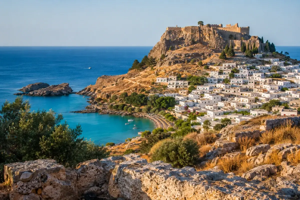 Lindos in Rhodes with whitewashed houses, turquoise bay, and the Acropolis above