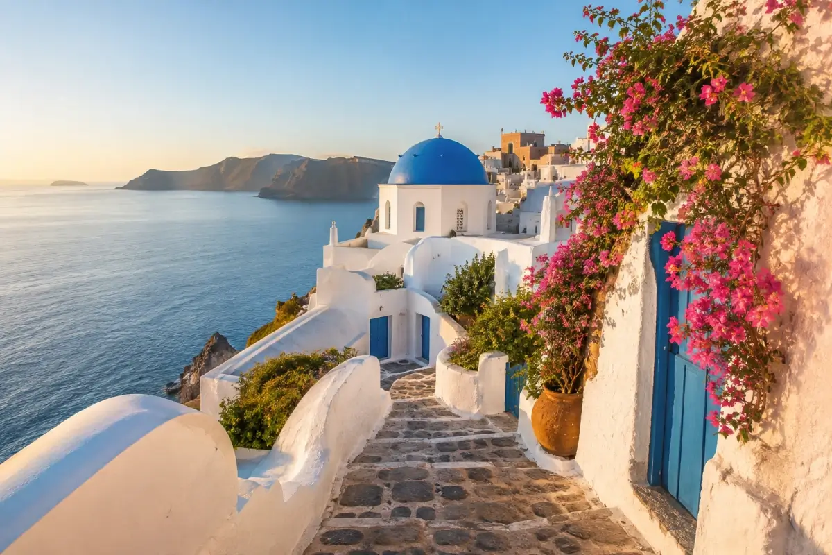 Whitewashed Greek island village with blue domes and bougainvillea in warm spring light