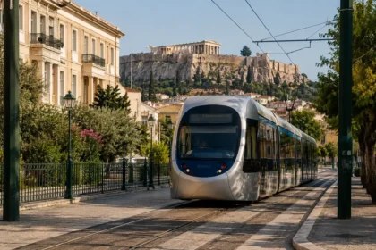 Modern Athens tram traveling through the city with the Acropolis in the background