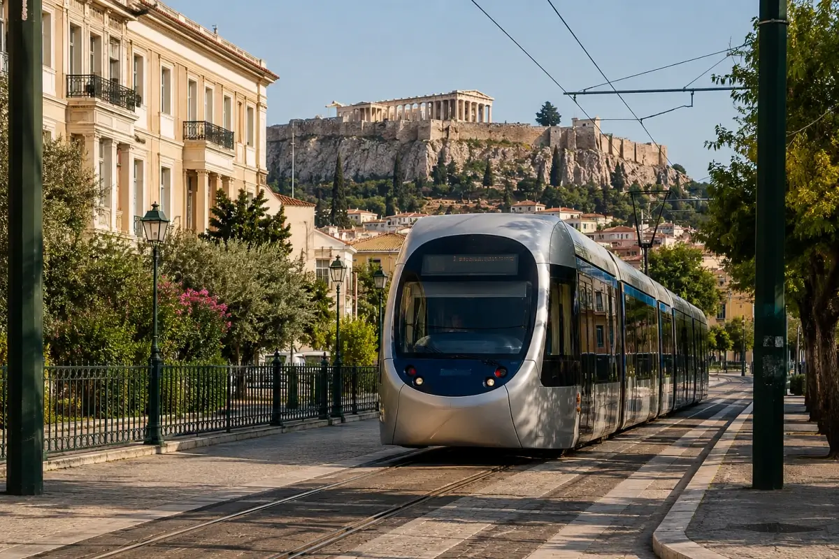 Modern Athens tram traveling through the city with the Acropolis in the background