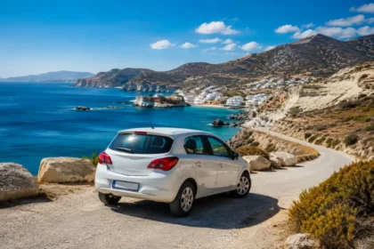 Compact rental car on a coastal road in Milos overlooking blue water and whitewashed villages