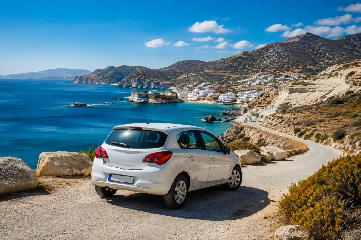 Compact rental car on a coastal road in Milos overlooking blue water and whitewashed villages