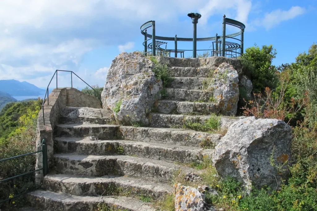 Stone steps lead to a small railed lookout platform at Kaiser's Throne near Pelekas