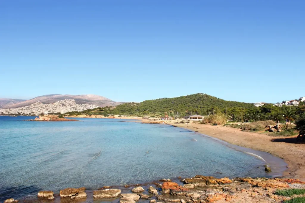 A sandy Kavouri shoreline curves around clear water, with pine trees behind the beach.