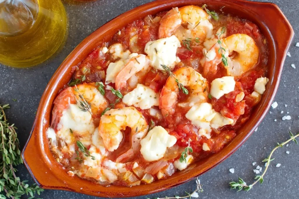 Shrimp in tomato sauce with crumbled white cheese in a brown serving dish at Liondi.