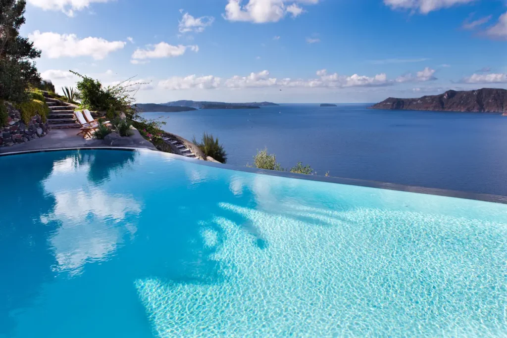 Infinity pool overlooking Santorini’s caldera at Perivolas in Oia.