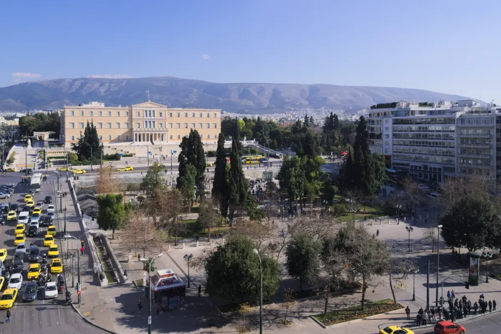 Syntagma Square, the Greek Parliament and surrounding avenues seen from above.