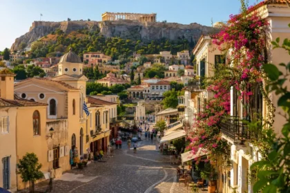 Historic Plaka neighborhood in Athens with colorful buildings and the Acropolis above