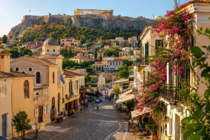 Historic Plaka neighborhood in Athens with colorful buildings and the Acropolis above