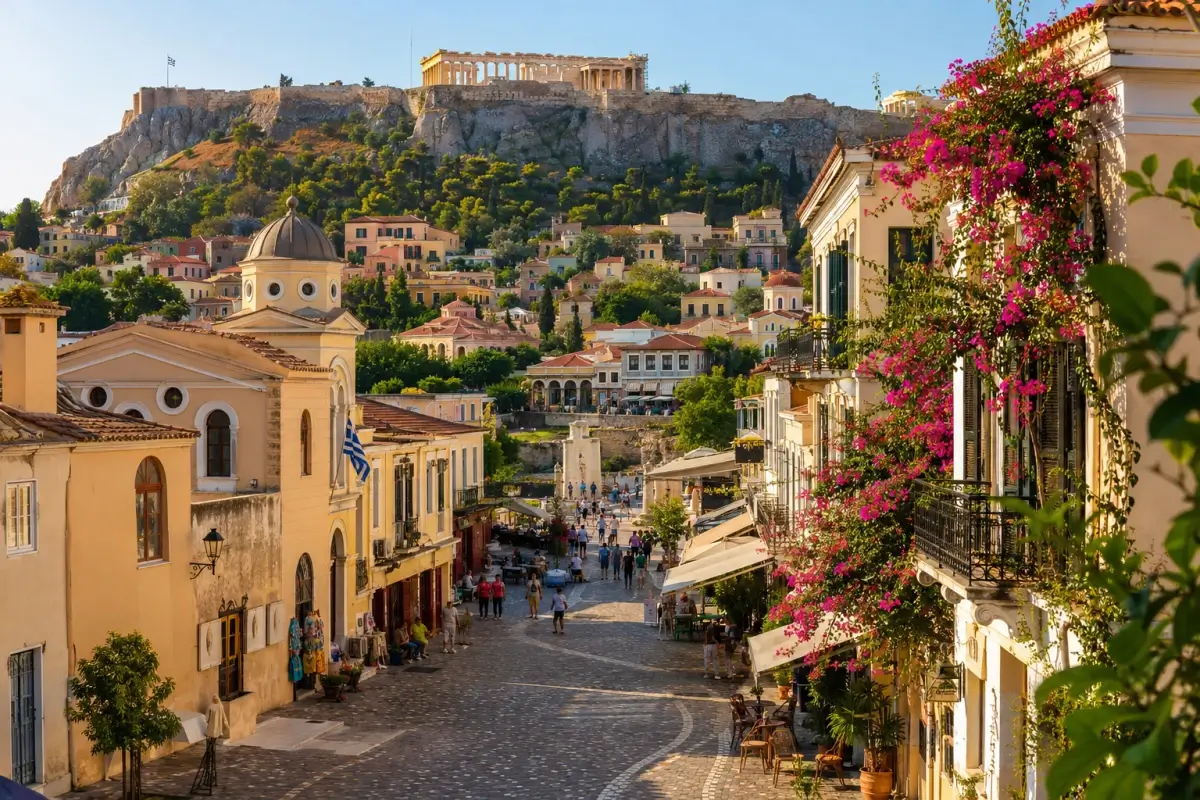 Historic Plaka neighborhood in Athens with colorful buildings and the Acropolis above