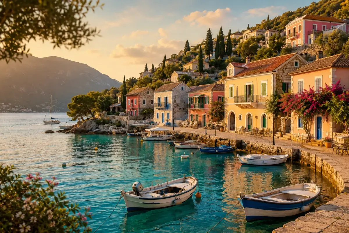 Fiskardo harbor in Kefalonia at golden hour with colorful waterfront houses and fishing boats