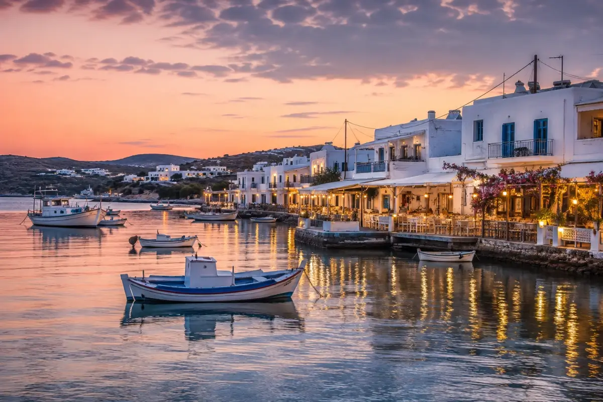 Pollonia in Milos at sunset with fishing boats, waterfront restaurants, and whitewashed houses