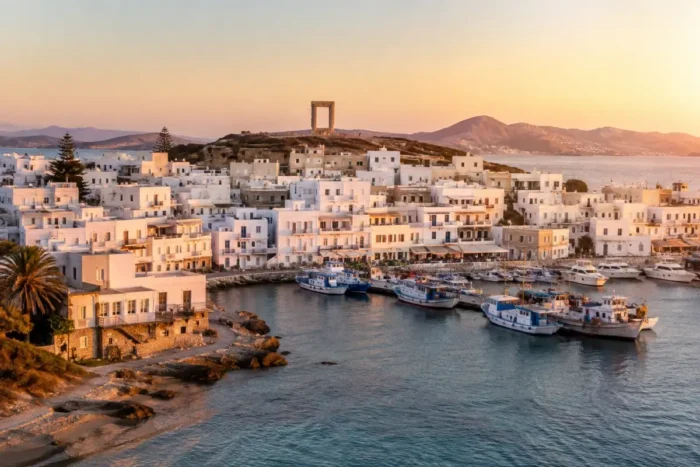 Naxos Chora at sunset with whitewashed waterfront buildings, harbor boats, and the Portara above