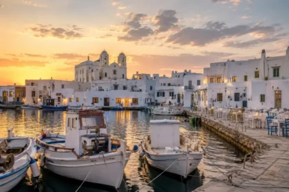 Naoussa harbor in Paros at sunset with fishing boats and whitewashed waterfront buildings