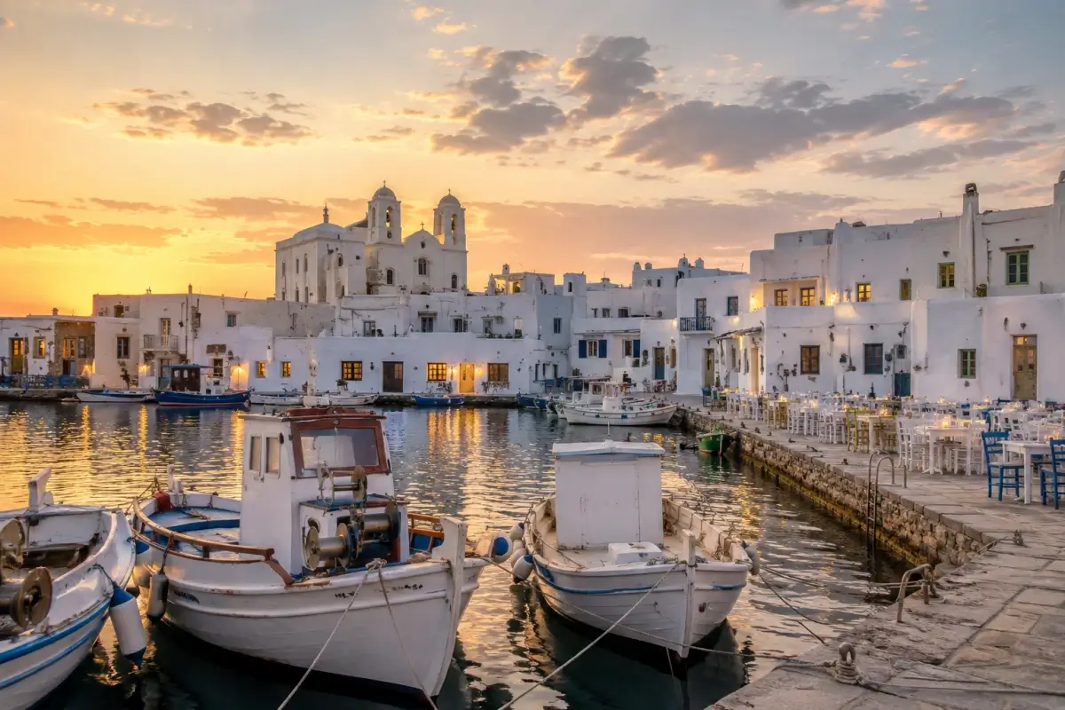 Naoussa harbor in Paros at sunset with fishing boats and whitewashed waterfront buildings