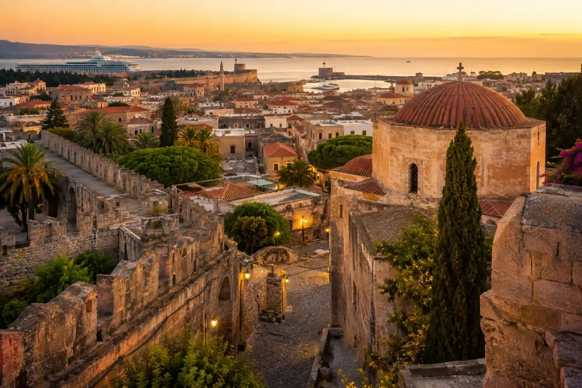 Rhodes Old Town at sunset with medieval walls, historic rooftops, and the harbor beyond