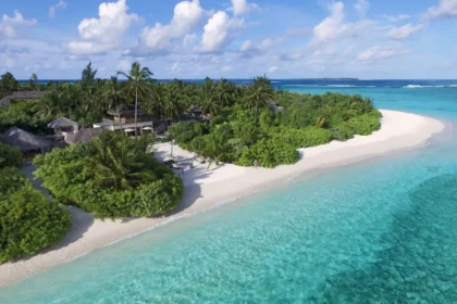 Aerial view of a palm-covered beachfront with white sand and a turquoise lagoon at Six Senses Laamu