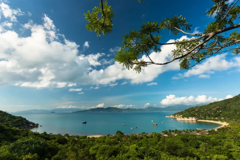 View across a blue bay framed by tropical trees and forested slopes at Six Senses Ninh Van Bay