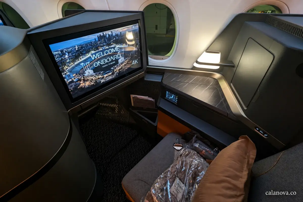An individual aircraft seat with a large entertainment screen, side console, reading light and privacy partition.
