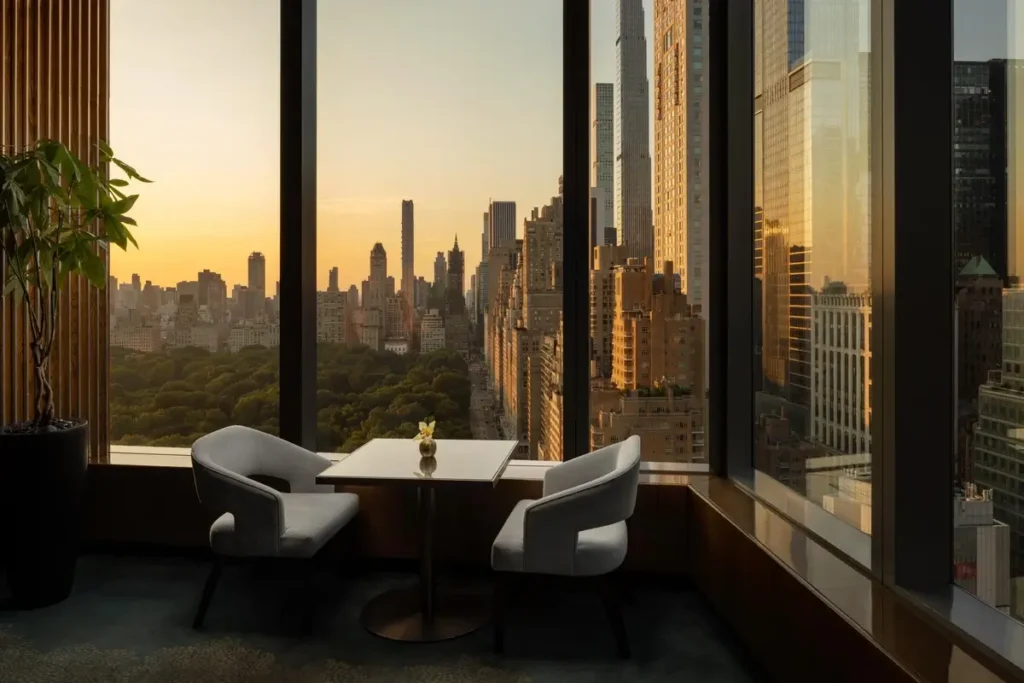 Two chairs and a table beside floor-to-ceiling windows overlooking Central Park and Manhattan at MO Lounge.