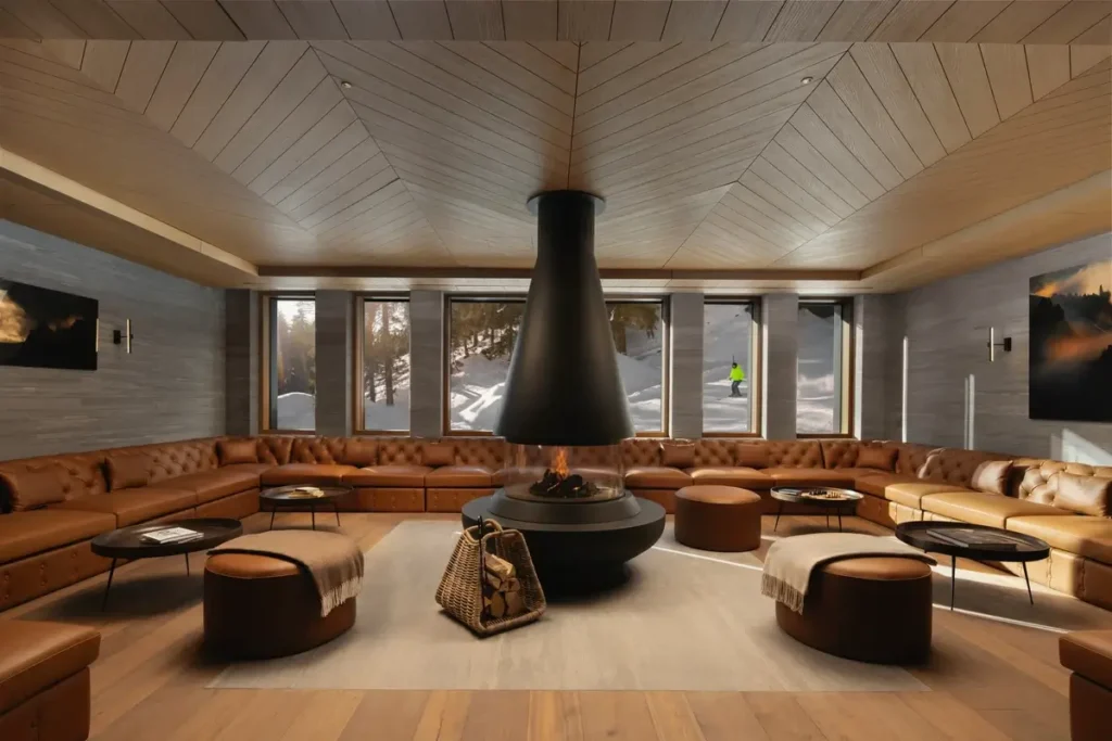 Curved tan sofas and low tables surround a suspended black fireplace beneath a geometric timber ceiling.