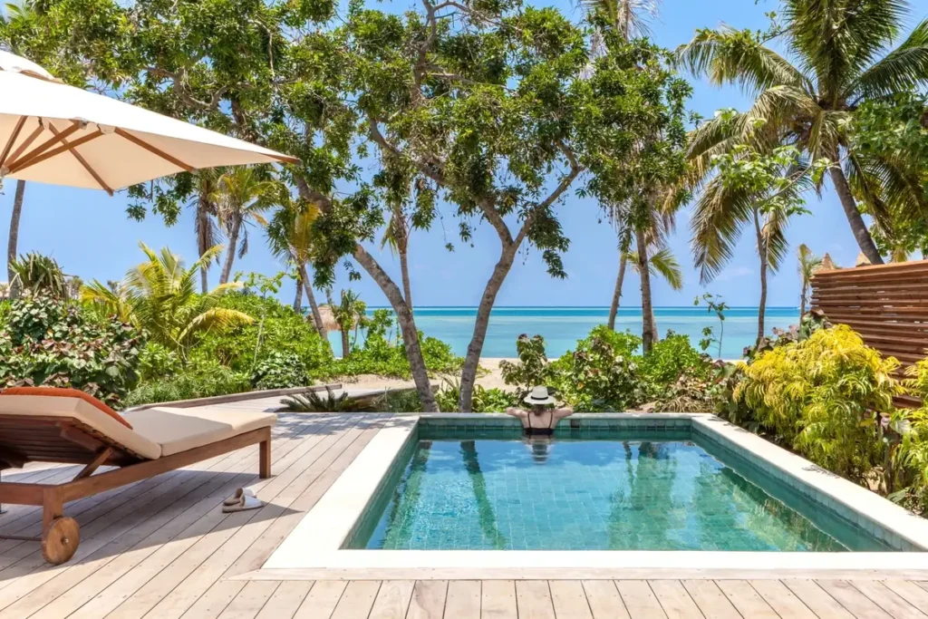 A private pool and timber deck with loungers face palms, tropical greenery, and the blue sea.
