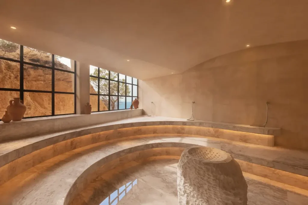Curved stone benches around a central stone feature in the steam room at Six Senses Ibiza