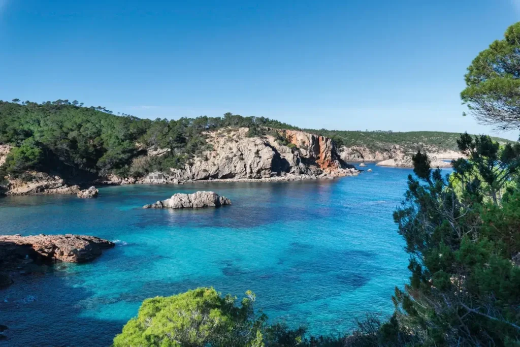 Clear turquoise water beneath rocky cliffs and pine-covered slopes at Xarraca Bay in Ibiza