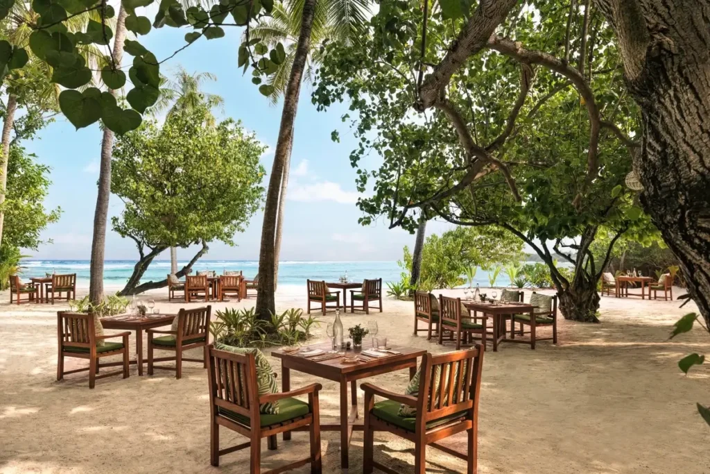 Wooden tables and chairs sit on sand beneath leafy trees with turquoise water visible beyond.