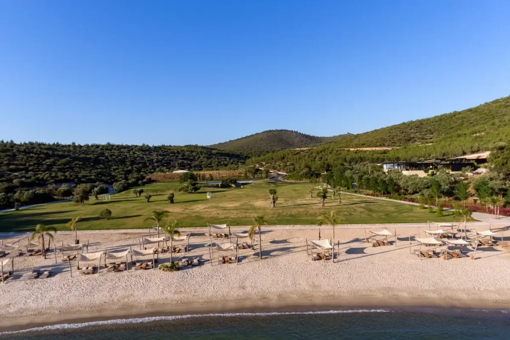 Sun loungers and parasols line a sandy beach beneath green lawns, trees, and low hills.