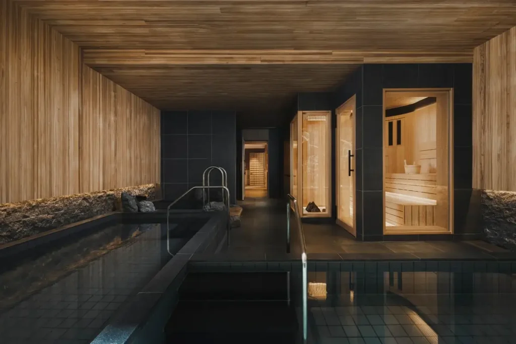 Dark tiled bathing pool beside wood-lined walls and illuminated sauna doors at Six Senses Kyoto