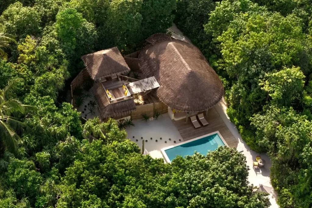 A thatched beach villa and rectangular pool sit within dense tropical trees at Six Senses Laamu.