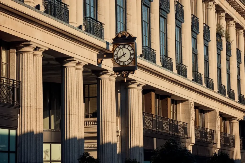 An ornate projecting clock hangs from The Whiteley's stone facade between tall windows and classical columns.