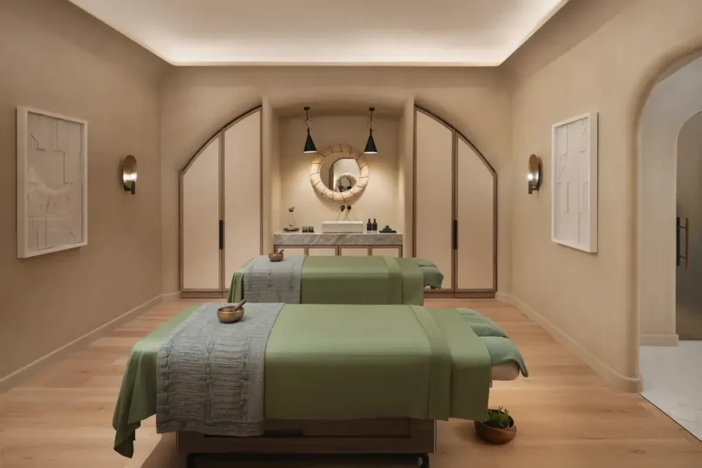 Two treatment beds with green covers beneath pale arches in the spa at Six Senses Southern Dunes